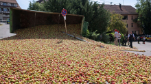 Unfälle: Traktor kippt um - Apfel-Teppich auf Straße in Reutlingen