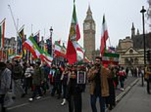 Iranian anti-regime group Lion Guard of Iran march on London chanting 'Trump and Bibi, thank you thank you'