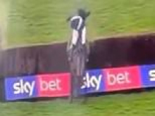 Shocking moment jockey forces tired horse over final fence in bizarre ending to chaotic race as he is BANNED over 'extremely unpleasant' incident