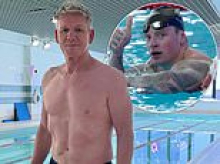 Gordon Ramsay, 59, follows in Olympic swimmer son-in-law Adam Peaty's footsteps as he poses shirtless before hitting the pool while training for Ironman