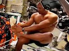 It's one giant treat for womankind as musclebound astronaut Victor Glover is caught on camera taking a post-workout 'space shower'