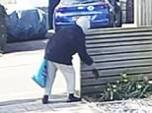 Moment hooded thief pulls freshly-planted hyacinth from a couple's driveway flowerbed before placing it in her bag for life