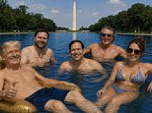 Shirtless Trump frolics with bikini-clad woman in AI-fueled rage spiral leaving everyone confused over mystery 'pool cabinet' member