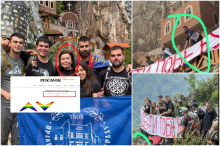 BLOKADERI OSKRNAVILI ISPOSNICU SVETOG SAVE!  Monasi i građani gradili - blokaderi upali samo da bi raširili politički transparent, POSVAĐALI SE I SA MONASIMA!