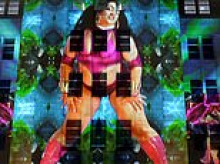 Vivid festival organisers claim that four-storey high woman in pink bodysuit thrusting at family-focused event is a commentary on migration