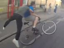 Moment plain clothes police officer puts in hefty rugby tackle to stop fugitive fleeing arrest on his bike as he is hailed a 'proper copper'