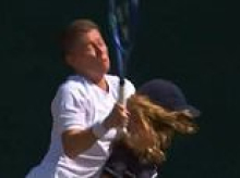 Wimbledon star CLATTERS ball girl, sending them both crashing into the concrete at the back of the court
