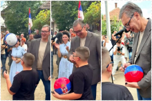 (VIDEO) DAVID DONEO LOPTU VUČIĆU, PREDSEDNIK POKAZAO SKRIVENI TALENAT Malo žongliranja, malo demonstracije tehnike, a onda i potpis - uspomena za ceo život