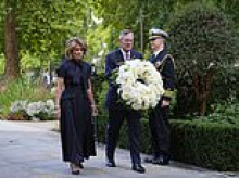 London remembers 9/11: US ambassador Warren Stephens lays wreath with his wife in Grosvenor Square to mark 25th anniversary of the terror attacks