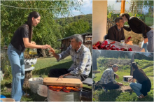 SELA LJUBICA SA SVEKROM DA ISPEKU PAPRIKE! Prinela mu kaficu, poljubila, pa naliva rakijicu i samo se kuckaju! Ovako se sprema ajvar na selu u Srbiji (VIDEO)