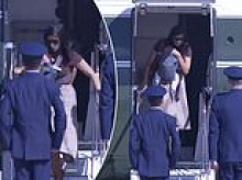 Super mom Usha Vance catches herself after nearly falling down Marine Two stairs with newborn baby